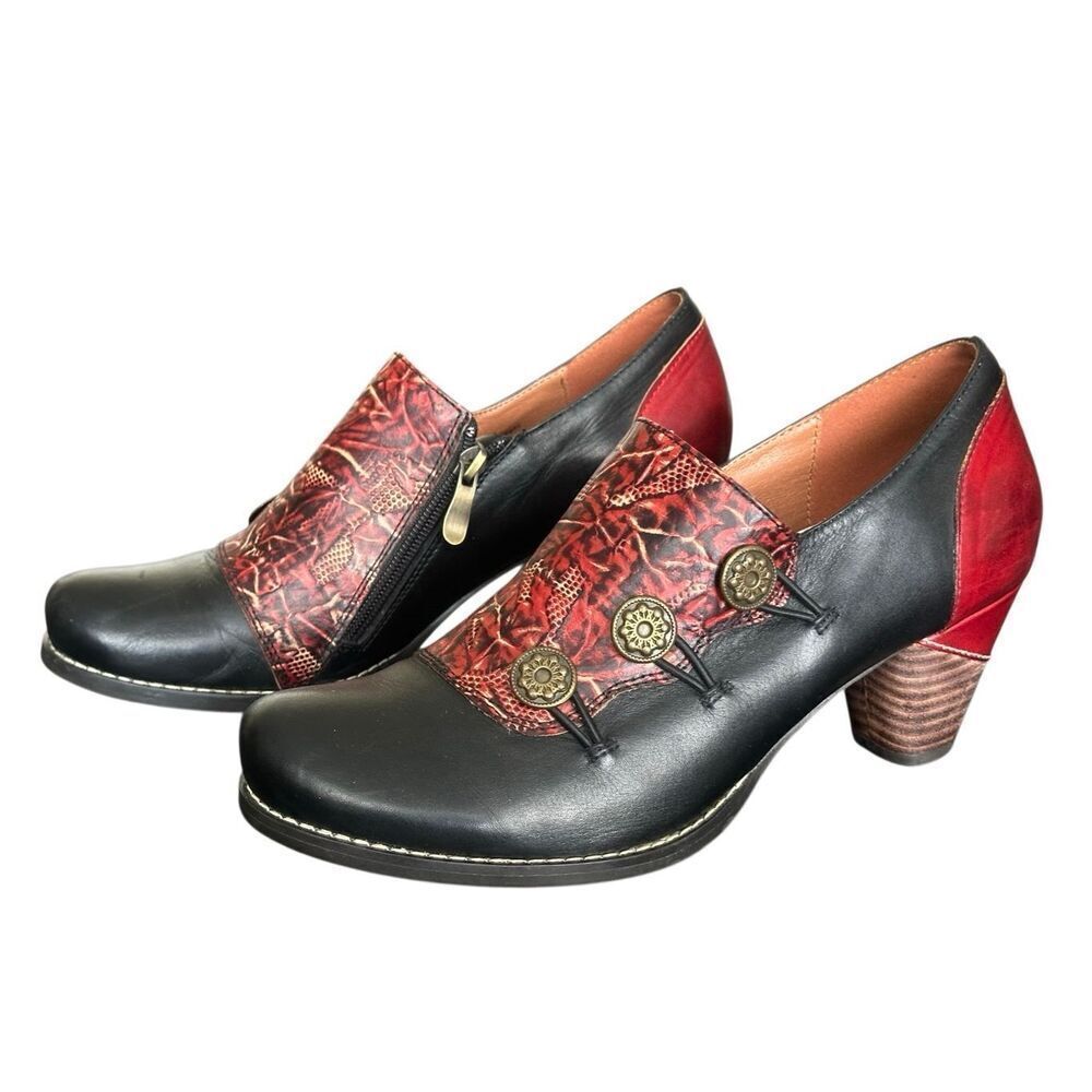 L’Artiste Kantia Black & Red Zip Heeled Pumps Size EU 41 US 9.5-10